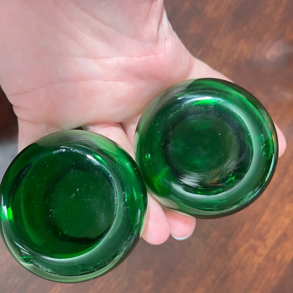 Set of 2 1950s flared bud vase green glass by Anchor Hocking with metallic gold